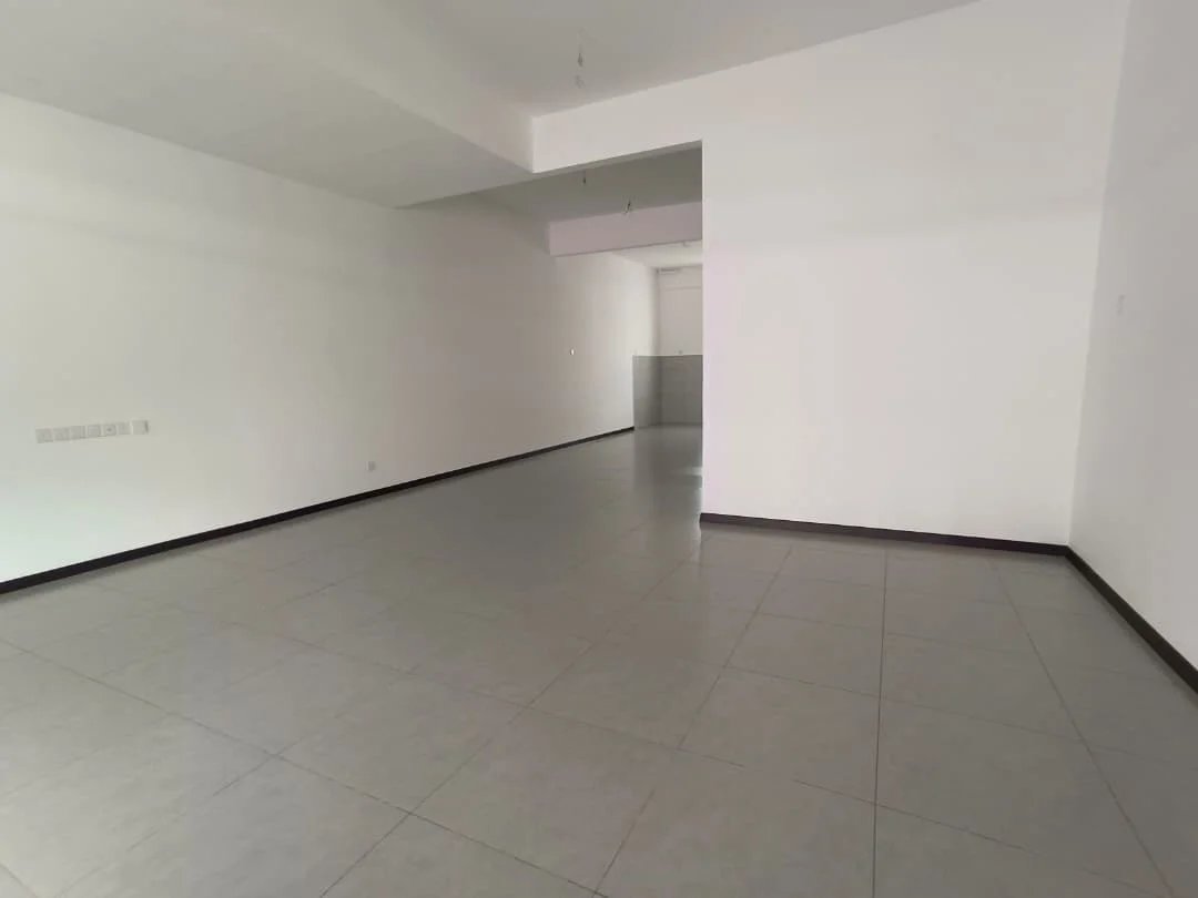 Room features: white painted walls, grey floor tiles, high ceiling, open layout, no visible furniture, minimal decor, natural light from windows, neutral color scheme; style: modern.